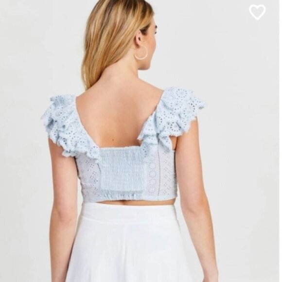 Altar'd State Moselle Blue Eyelet Ruffle Smocked Crop Coastal Cowgirl Medium Top - Picture 2 of 10